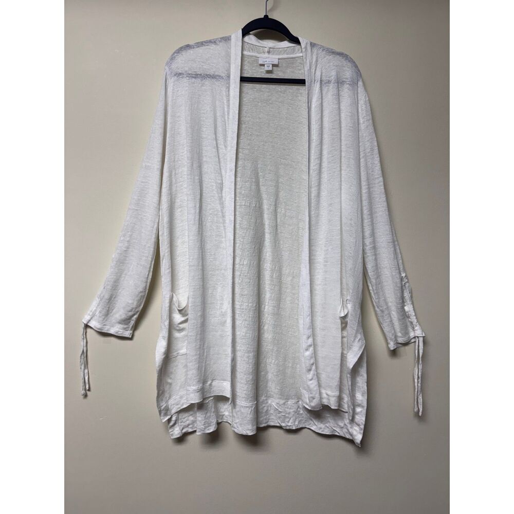 J. JILL Love Linen 100% White Linen Open Front Cardigan, Pockets, Adj. Sleeves
